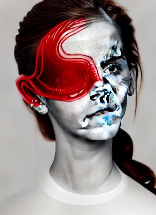 Prompt: emma watson portrait of a woman wearing a red embroidered translucent silicone mask and frizzy hair buns, wearing a white bodysuit by alexander mcqueen, white background, soft diffused light, biotechnology, futuristic aesthetic, translucent, ethereal, intricate details, highly detailed, masterpiece,