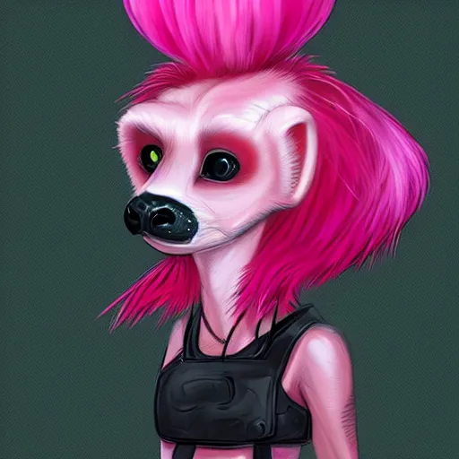 Prompt: punk anthropomorphic ferret, pink hair, digital painting, trending on ArtStation