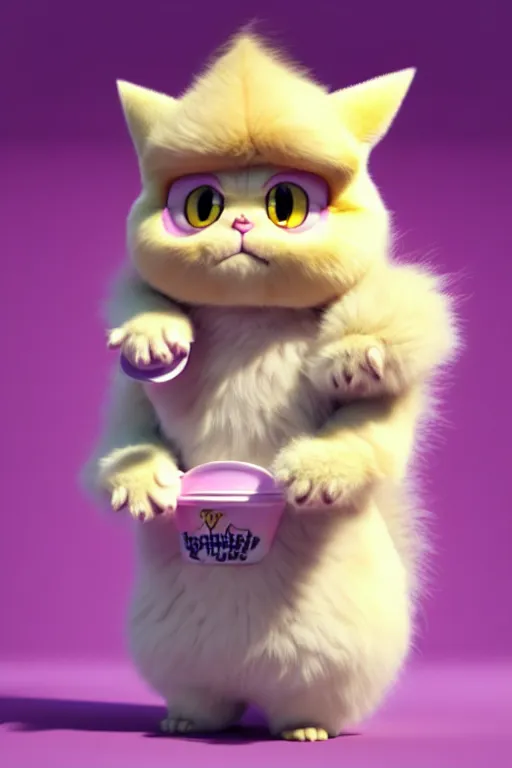 Image similar to high quality 3 d render hyperrealist very cute pastel fluffy! grumpy gargoyle cat hybrid eating giant ice cream full body, vray smooth, in the style of detective pikachu, hannah yata charlie immer, dramatic pink light, low angle, uhd 8 k, sharp focus