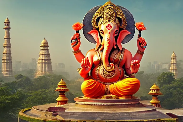 Image similar to beautiful futuristic new delhi, sharp sci - fi ganesha!! building, kalighat flowers, octane highly detailed cinematic, stephen shore & john j. park, soft morning light, wide shot, aerial shot, uhd 8 k, shallow depth of field