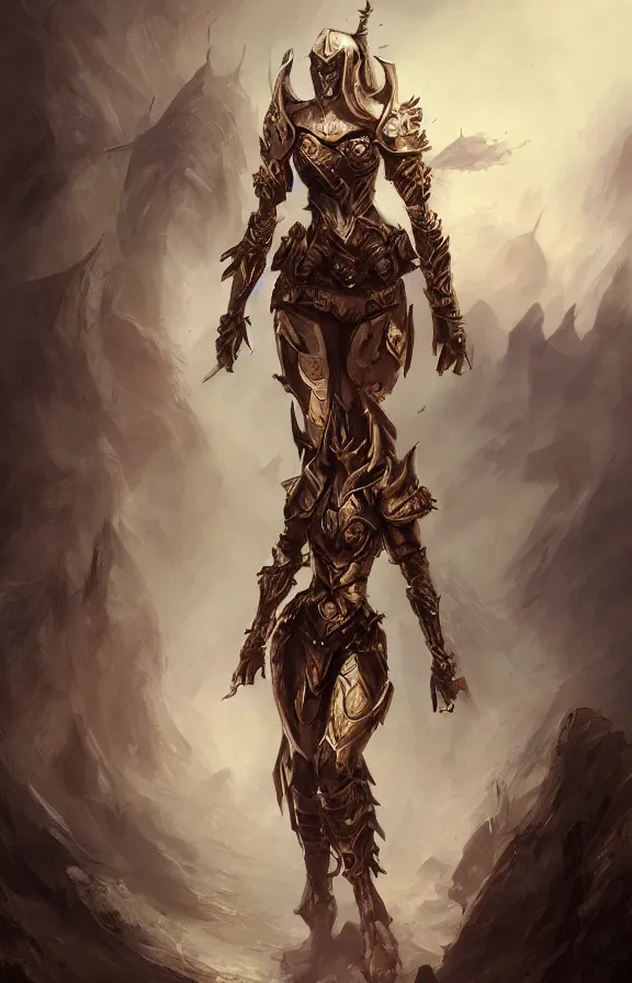Prompt: an concept art of the tau queen, walking through planes of eldritch mountains, pale hair, one eye, intricate details, detailed face, detailed armour, artstation, epic pose, ambient light, by rembrandt