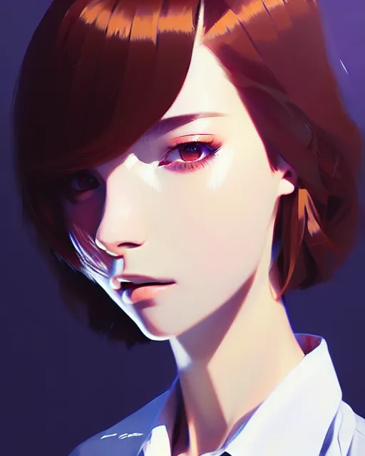 Image similar to a ultradetailed beautiful portrait panting of a stylish woman wearing a shirt with a tie, by ilya kuvshinov, greg rutkowski and makoto shinkai, trending on artstation