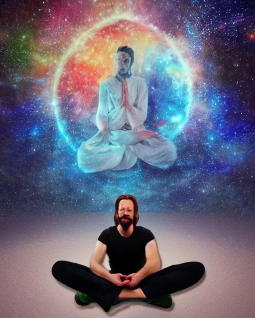 Image similar to alan watts grinning meditating in galaxy universe realistic dramatic lighting stylized soft airbrush painting highly detailed, 3d render senior artist, photorealistic, textured, featured on artstation