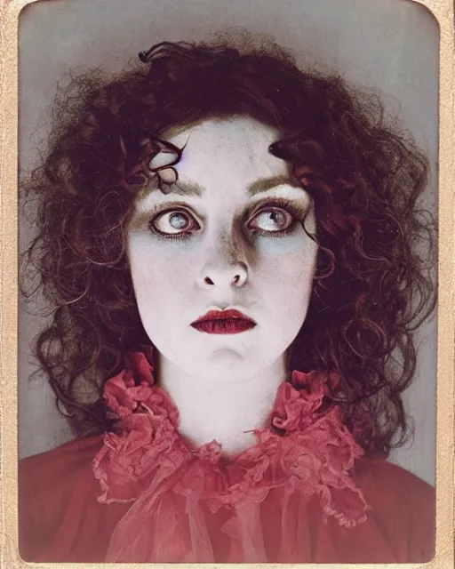 Image similar to an instant photo of a beautiful but sinister ghost in layers of fear, with haunted eyes and curly hair, 1 9 7 0 s, seventies, delicate embellishments, a little blood, crimson, painterly, offset printing technique, mary jane ansell