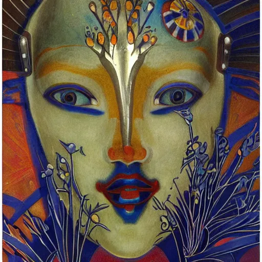 Image similar to a masterpiece painting of a facemask made of stylized flowers, by annie swynnerton and jean delville and tino rodriguez and john watkiss, flower mask, art deco shaman, art brut, symbolist, dramatic cinematic lighting, god rays, iridescent beetles, clean crisp graphics, smooth sharp focus, extremely detailed