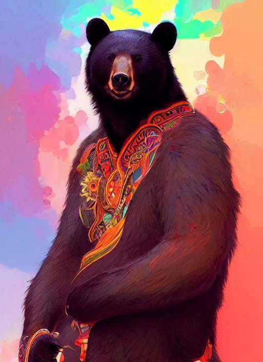 Prompt: portrait of anthropomorphic asian black bear, colorful, highly detailed, digital painting, artstation, concept art, smooth, sharp focus, illustration, art by artgerm and greg rutkowski and alphonse mucha