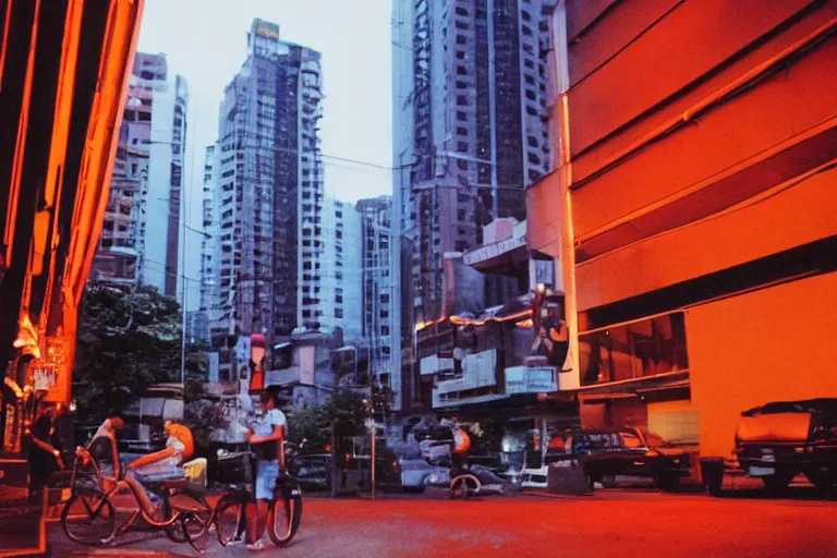 Image similar to outdoorsy guys club likes to look at the exteriors of urban architecture onion column shot by darius khondji wong kar-wai shot on film technicolor night time scenes reflections through windows red and blue lights orange lights busy nightlife in city scene melancholic quality