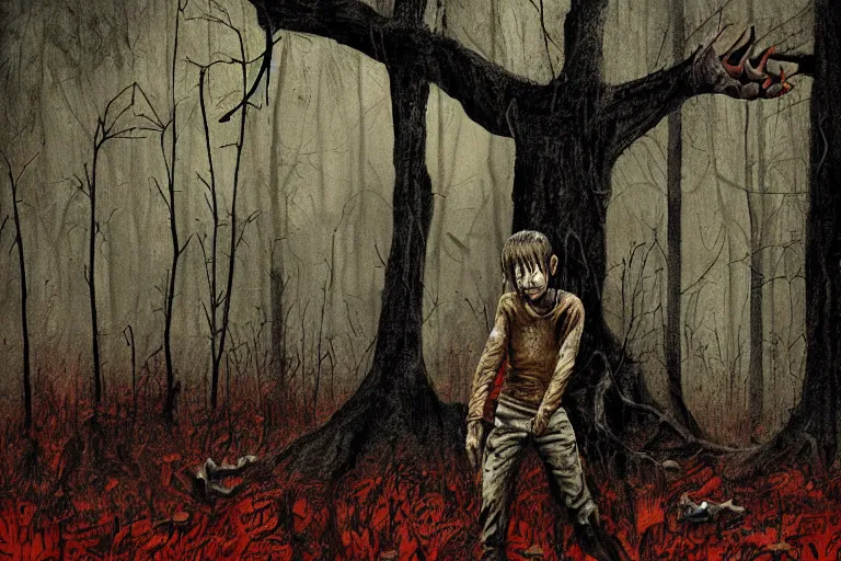 Prompt: horror painting of Missing 411 anomaly young boy lost in the woods by ben templesmith
