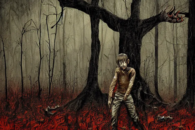 Image similar to horror painting of Missing 411 anomaly young boy lost in the woods by ben templesmith