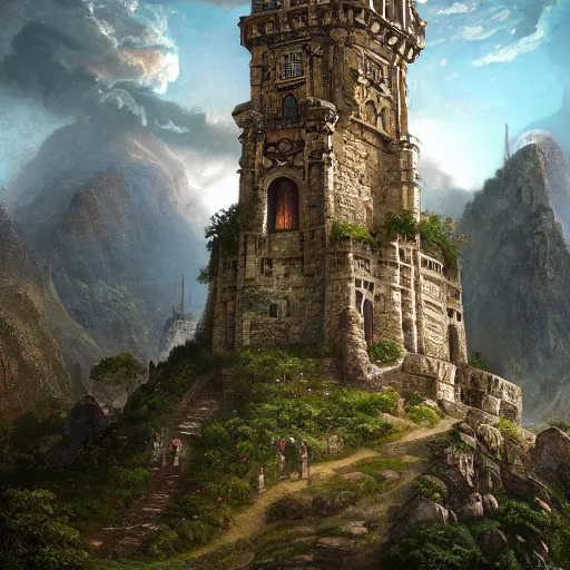 Image similar to ancient tower in top of lush mountain overlooking a valley with large medieval baroque city, mythical ambiance, sharp focus, highly detailed, cgsociety