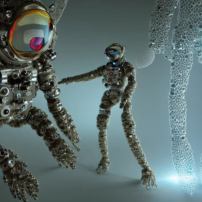 Image similar to a cybernetic symbiosis of a single astronaut mech-organic eva suit made of pearlescent wearing knitted shiny ceramic multi colored yarn thread infected with diamond 3d fractal lace iridescent bubble 3d skin dotted covered with orb stalks of insectoid compound eye camera lenses floats through the living room, film still from the movie directed by Denis Villeneuve with art direction by Salvador Dalí, wide lens,kevlar,carbon fiber,ceramics,gaseous materials,