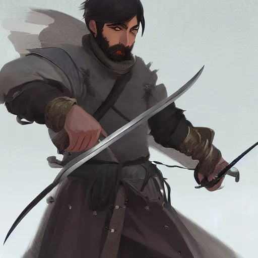 Image similar to portrait of a young medieval swordsman with a beard holding his sword highly detailed, digital painting, concept art, sharp focus, by makoto shinkai