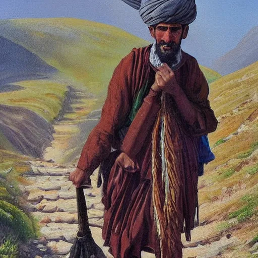 Image similar to kurdish kolbar man walking up a mountain carrying lots of goods on his back, beautiful painting by henry justice ford, incredible detail, award winning art