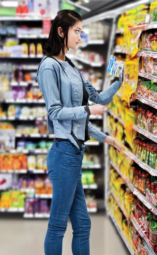 Image similar to photo of a robot-woman shopping for groceries in casual clothing in the style of Hajime Sorayama