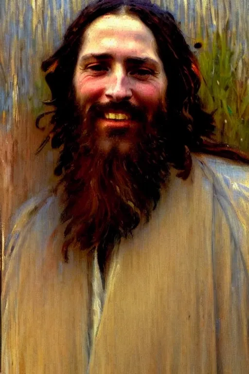 Image similar to impressionist brushstrokes!!!!!!!!! solomon joseph solomon and richard schmid and jeremy lipking victorian loose genre loose painting full length portrait painting of jesus with a slight smile happy inviting