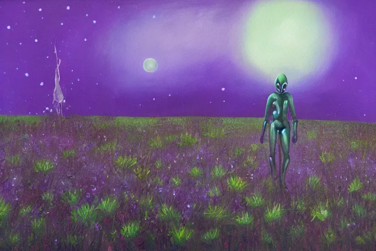 Image similar to a oil painting of a extraterrestrial alien lost in a meadow, tall plants, purple lighting, night sky, glows, moonlight,