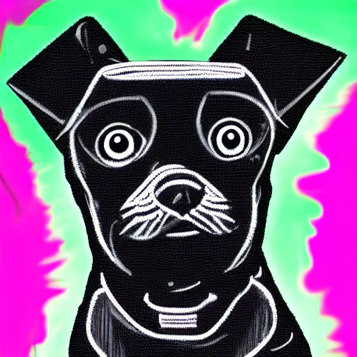 Image similar to neon noir portrait of a small cyborg dog, illustration