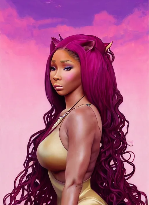 Image similar to nicki minaj in a cat suit with long curly pink hair, path traced, highly detailed, high quality, digital painting, by studio ghibli and alphonse mucha, leesha hannigan, makoto shinkai, disney