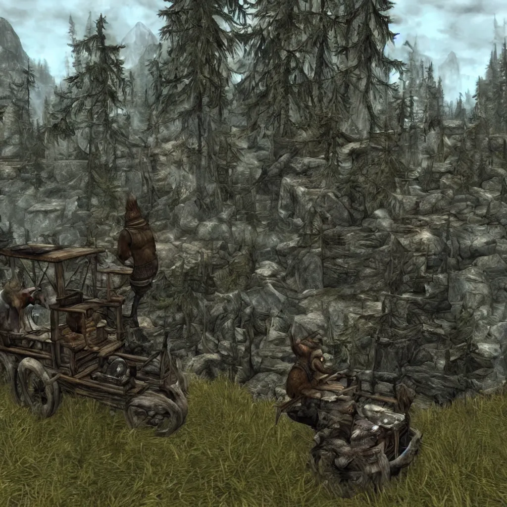 Prompt: a raccoon riding a cart to helgen in skyrim