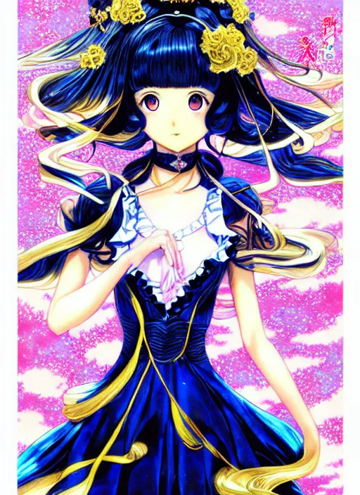 Image similar to exquisite imaginative manga poster of princess, fate, long wavy hair, rococo ruffles dress, shimmering, by type - moon, shigenori soejima, minaba hideo, katsuhiro otomo, jump comics, illustration, artstation, dark fantastic, highly detailed, 8 k, fluorescent, maximalist