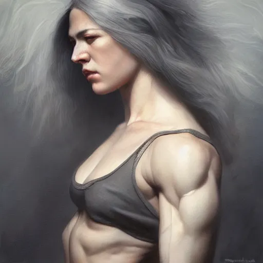 Image similar to painting of a beautiful grey haired girl with muscles, by tom bagshaw, greg rutkowski, wlop