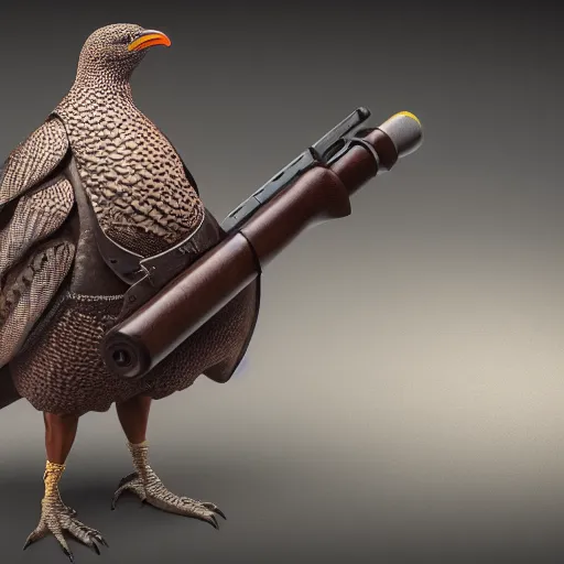 Image similar to a 3 d model of a grouse holding a blunderbuss, studio lighting, octane render, hyper detailed, product photography, 8 k, highly detailed