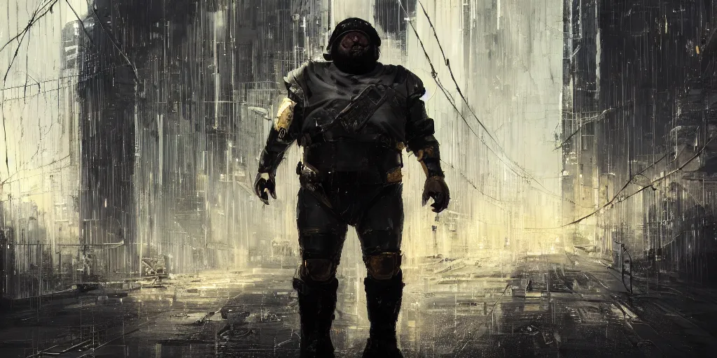 Image similar to portrait of a fat man sci fi soldier ranger, brutalist city architecture, dark epic, white and gold, emissive lights and cables and wires, high details, ceremonial clouds, dripping paint, fibonacci rhythm, artstation, art germ, wlop, pablo dominguez, sabbas apterus, award - winning, artstation