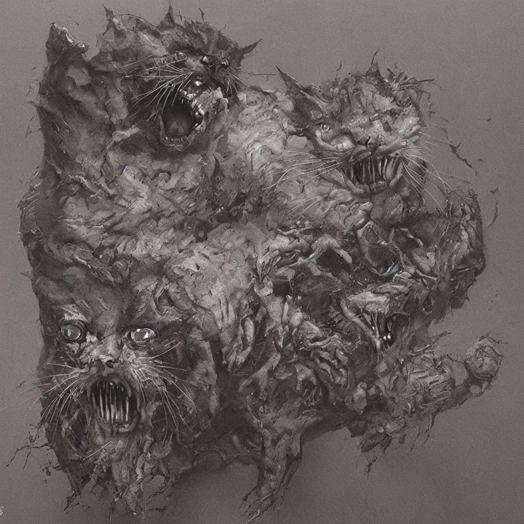 Image similar to horrifying and demonic cat with fangs and talons, in the style of zdislaw beksinski