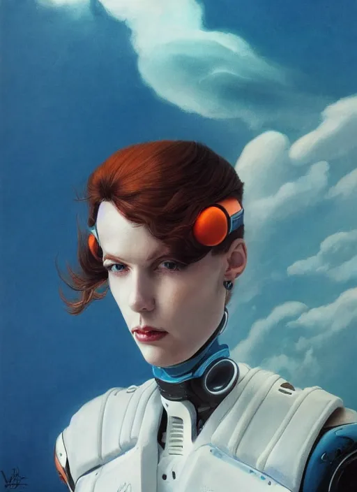 Prompt: symmetry!!! closeup portrait! of a cyborg racer girl, fashion white jumpsuit, shoulder pads, in clouds, cinematic light, windy, teal orange, volumetric smoke, by gerald brom, by mikhail vrubel, by peter elson, muted colors, extreme detail, trending on artstation, 8 k