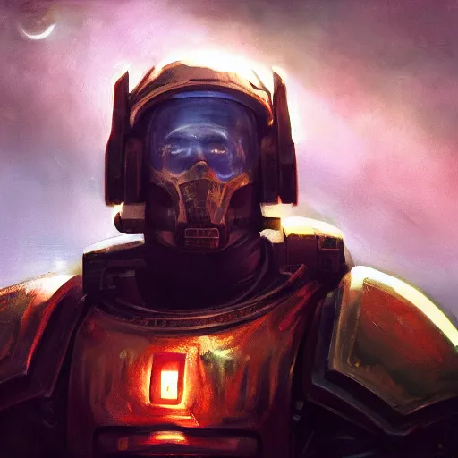 Image similar to closeup portrait of a space marine, dramatic lighting, city background, night, moon, chiaroscuro, high detail, painted by geoffroy thoorens, painted by igor sid, painted by raymond swanland, trending on artstation