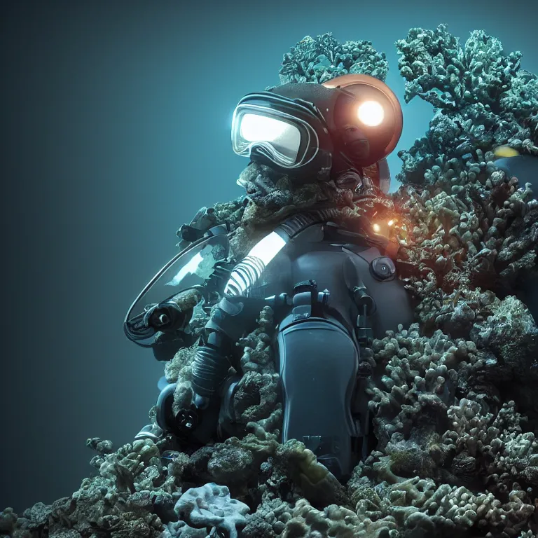 Prompt: octane render portrait by wayne barlow and carlo crivelli and glenn fabry, subject is a shiny reflective tactical black ops futuristic scuba diver with small lights inside helmet, surrounded by bubbles inside an exotic alien coral reef aquarium full of exotic fish, cinema 4 d, ray traced lighting, very short depth of field, bokeh