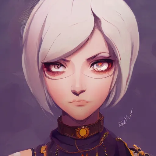 Image similar to a girl with dark skin, yellow eyes, short white hair, wearing steampunk attire, highly detailed, digital painting, artstation, matte, by makoto shinkai, animation style