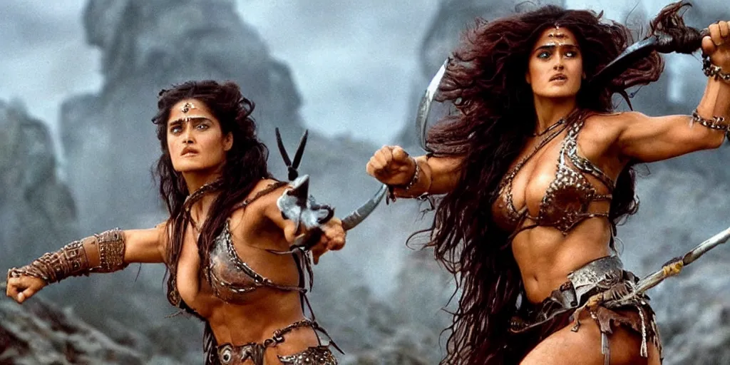 Prompt: epic photo of muscular salma hayek as beautiful barbarian warrior queen with long curly black hair, battle scene with a thousand monsters behind her in the background, sweaty, detailed eyes, neutral expression, shallow depth of field, photorealistic, cinematic lighting, lovely bokeh, warm colours, dusk, movie quality, conan the destroyer 1 9 8 5, movie still, cinemascope