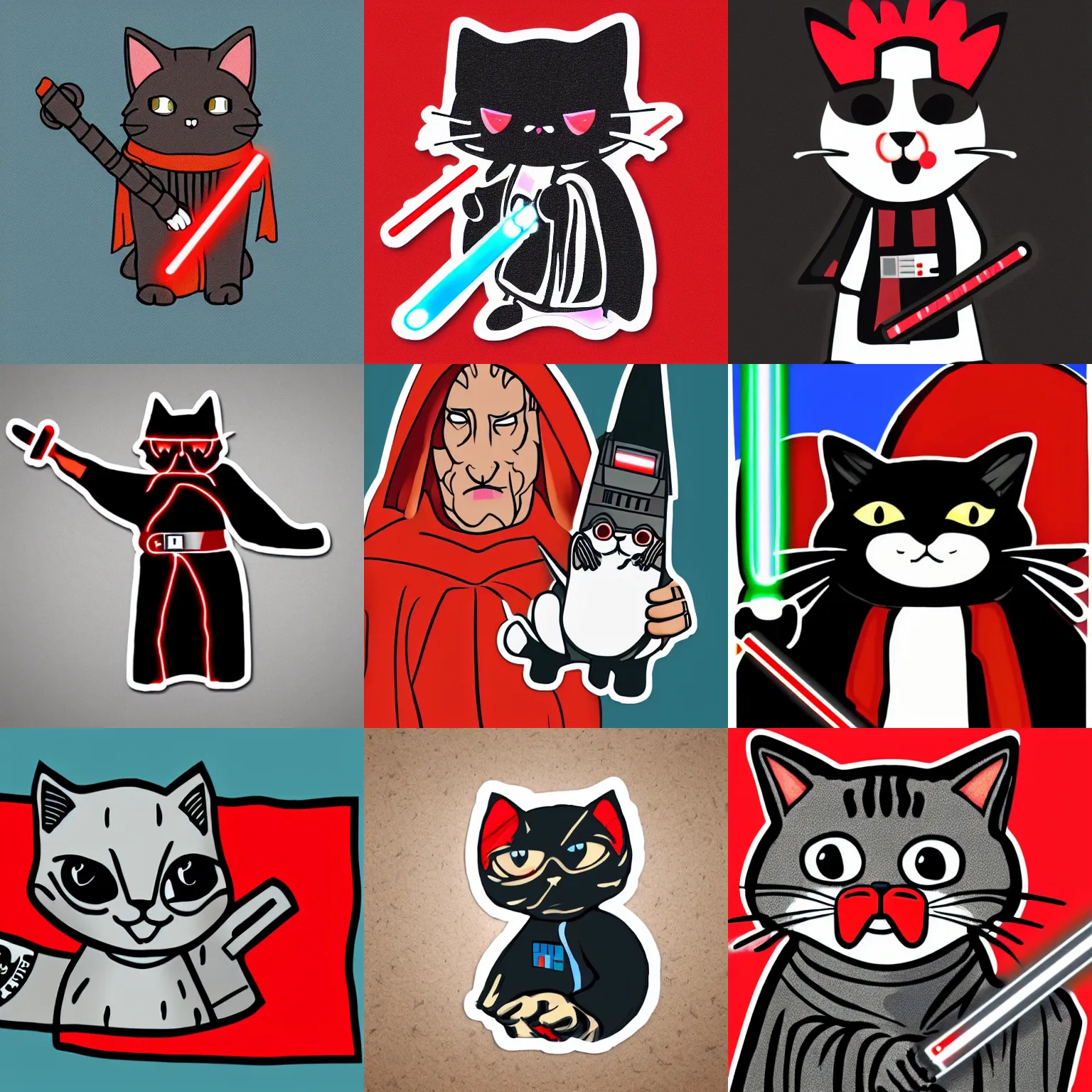 Prompt: a sticker illustration of a cat wearing a sith robe and holding a red lightsaber