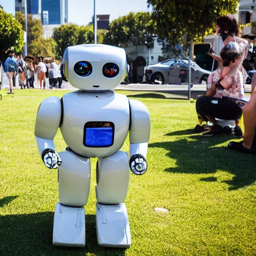 Image similar to LOS ANGELES, CA July 7 2025: Open Source Self-Aware Robot Convention, Cute Robot In Awe At It's Own Existence
