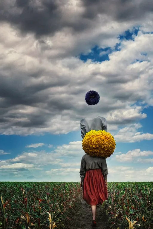 Image similar to giant corn flower head, girl walking in a decaying walter white themed flower field, surreal photography, dead body, dramatic light, impressionist painting, colorful clouds, digital painting, walter white, uncanny valley