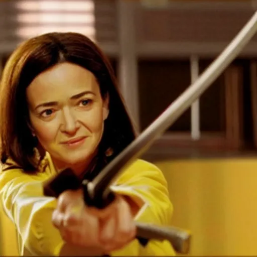 Prompt: Movie still of Sheryl Sandberg holding a katana in Kill Bill