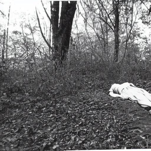 Prompt: old creepy photo with a lifeless body hovering above the trees