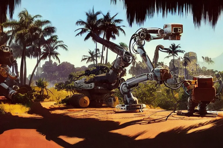 Prompt: natural american landscape | robot repairing another robot | palm trees, painting by syd mead and weta studio and james jean, frank frazetta, highly detailed, rule of third, soft lighting, 8 k resolution, oil on canvas, architectural magazine, beautiful detailed, insanely intricate details, artstation trending, hypermaximalistic, high details, cinematic