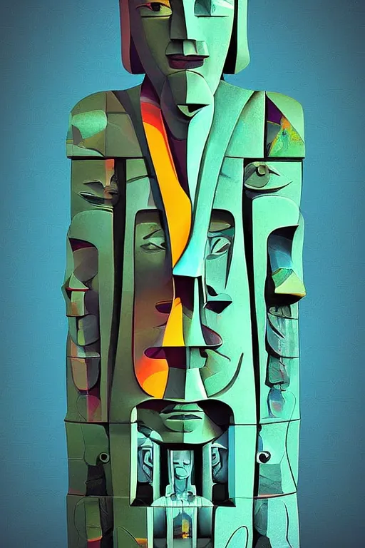 Image similar to cubist moai statue cutout digital illustration cartoon colorful beeple