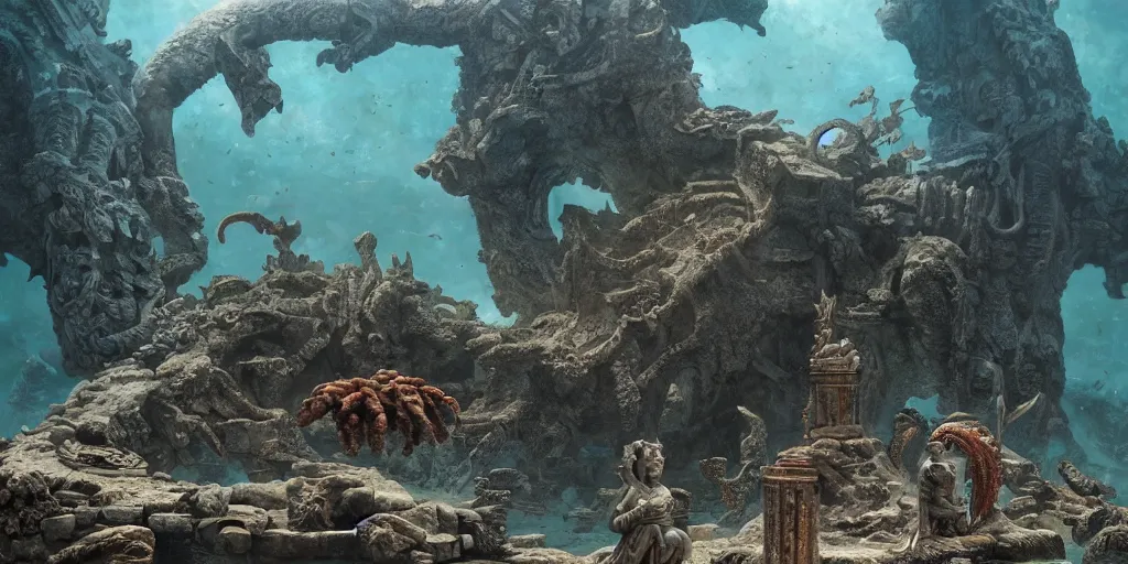 Image similar to Underwater ancient temple, statues, rubble, broken pillars, fishes, coral, Monster Hunter Illustrations art book, Moebius, Greg Rutkowski, Zabrocki, Karlkka, Jayison Devadas, Phuoc Quan, trending on Artstation, 8K, ultra wide angle, zenith view, pincushion lens effect.