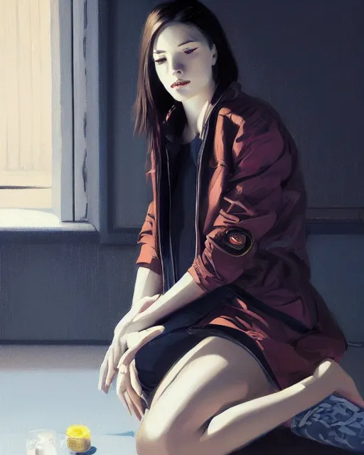 Image similar to a ultradetailed beautiful panting of a stylish woman sitting on the floor in a tiled room, she is wearing an oversized jacket, night time, oil painting, by ilya kuvshinov, greg rutkowski and guweiz