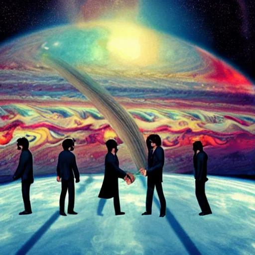 Image similar to the beatles playing a concert on jupiter to a crowd of aliens. photograph 8 k cinematic colored