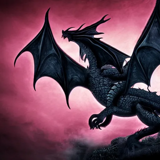 Prompt: epic dragon made of shadows, flying through the skies, black mist and clouds surround, with red lightning coming out