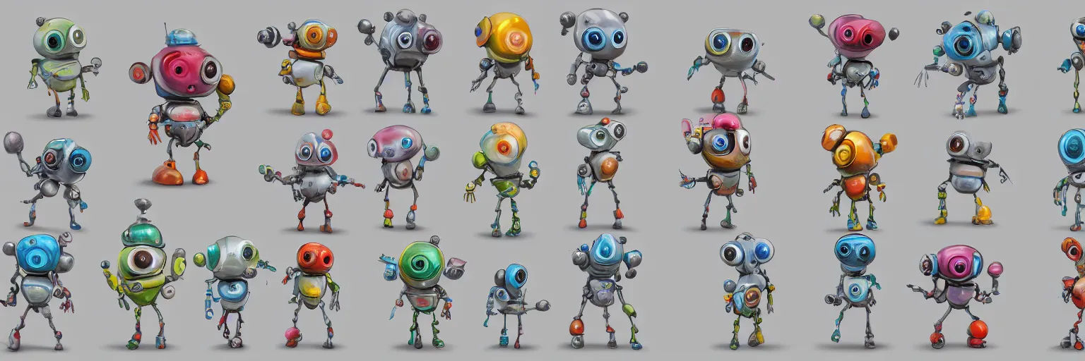 Image similar to concept sheet of cute colorful 3 d robot characters for kids style by machinarium amanita design, big eyes, simple shapes and forms, masterpiece, intricate concept art, 8 k, artstation
