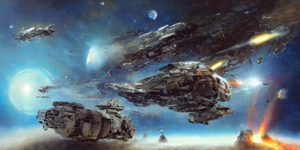 Prompt: the collision of two dreadnaught starfreighters in an asteroid belt, by ryohei hase, by john berkey, by jakub rozalski, by john martin,