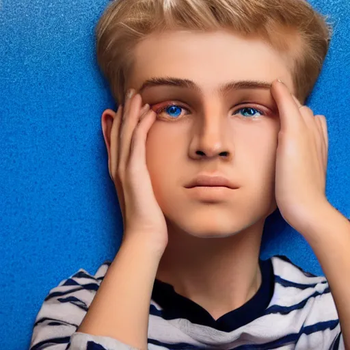 Image similar to portrait of a boy with his hand on his face, extremely realistic and real, photorealistic, blonde hair and blue eyes, detailed facial structure, real eyes that are detailed, real hands