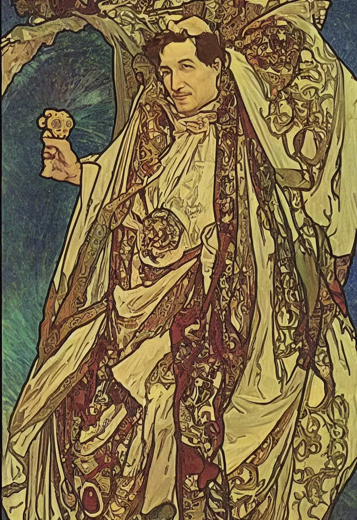 Image similar to geoffrey hinton as the emperor on a tarot card, tarot in art style by alphonse mucha