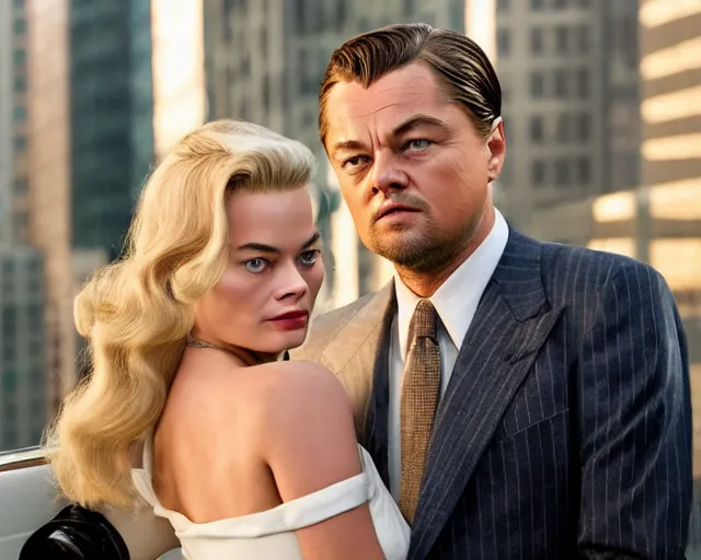 Prompt: leonardo dicaprio as the wolf of wall street next to margot robbie as naomi from the wolf of wall street, hyper realistic faces, detailed and hyper realistic eyes, cinematic, long shot, hyper detailed, 8 5 mm photograph, 8 k resolution, film still, sharp lens, wide lens