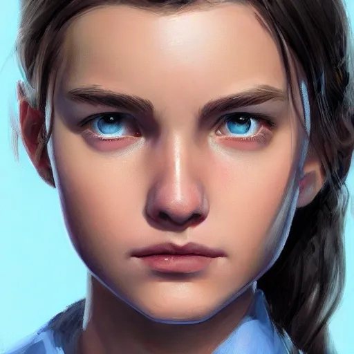 Image similar to portrait of a brunette thin teenager girl with blue eyes wearing school uniform in fallout, light stubble, digital art,photorealistoc,art by greg rutkowski,hyperdetailed,western comic style,comic,comic style,sharp lineart,professional lighting,deviantart,artstation,trevor henderson,rossdtaws,cinematic,dramatic